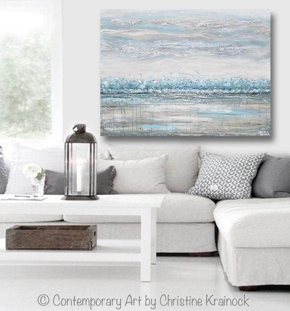 "Peace and Calm" GICLEE PRINT Art Abstract Painting Landscape Teal Blue Aqua Grey Trees LARGE Canvas Wall Art Decor