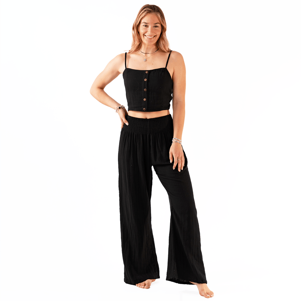 Black Cotton Crop Top & Wide Leg Pants Lounge Set Petite
