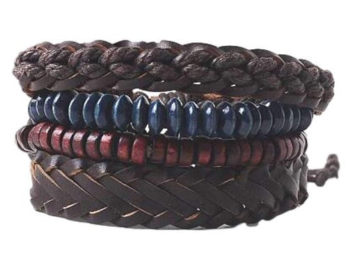 Brown Braided Leather with Red and Blue Beads Multilayer Bracelet Set Brown