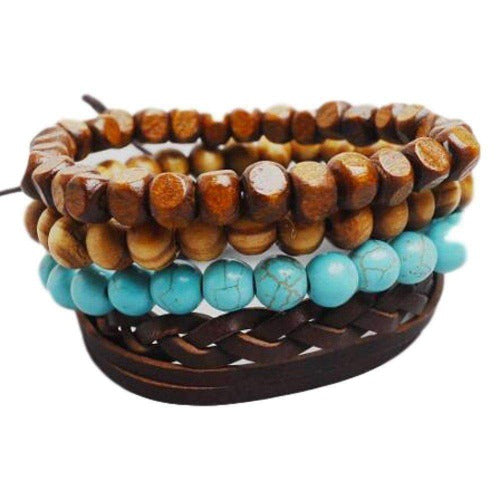 Brown Braided Leather with Turquoise and Natural Colored Wooden Beads Multilayer Bracelet Set Turquoise