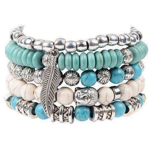 Buddha And Feather Charm 5-piece Bracelet Set Turquoise