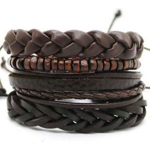 Chunky Brown Bead And Braided Leather Multilayer Bracelet Set Brown
