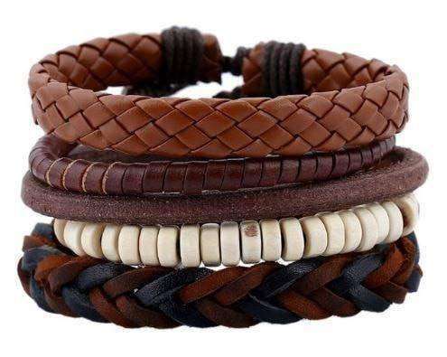 Earth Song Brown, Cream And Black 5 Piece Leather Multilayer Bracelet Set Brown