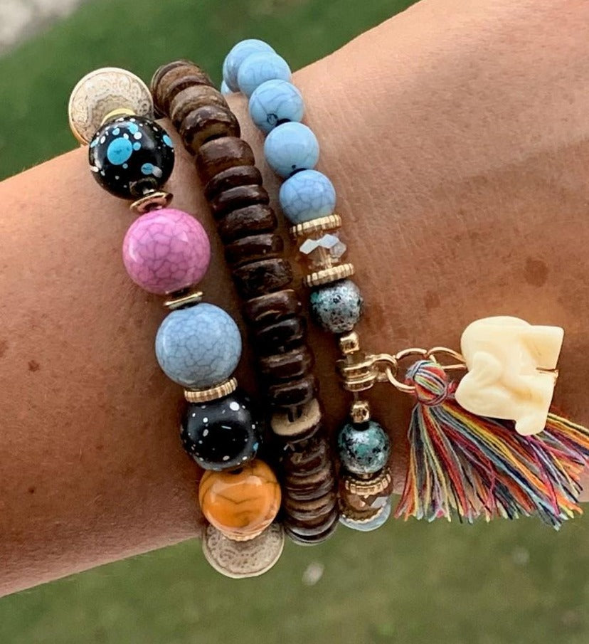 Hippie Colorful Wood and Acrylic Beads with Elephant and Tassel Bracelet Set