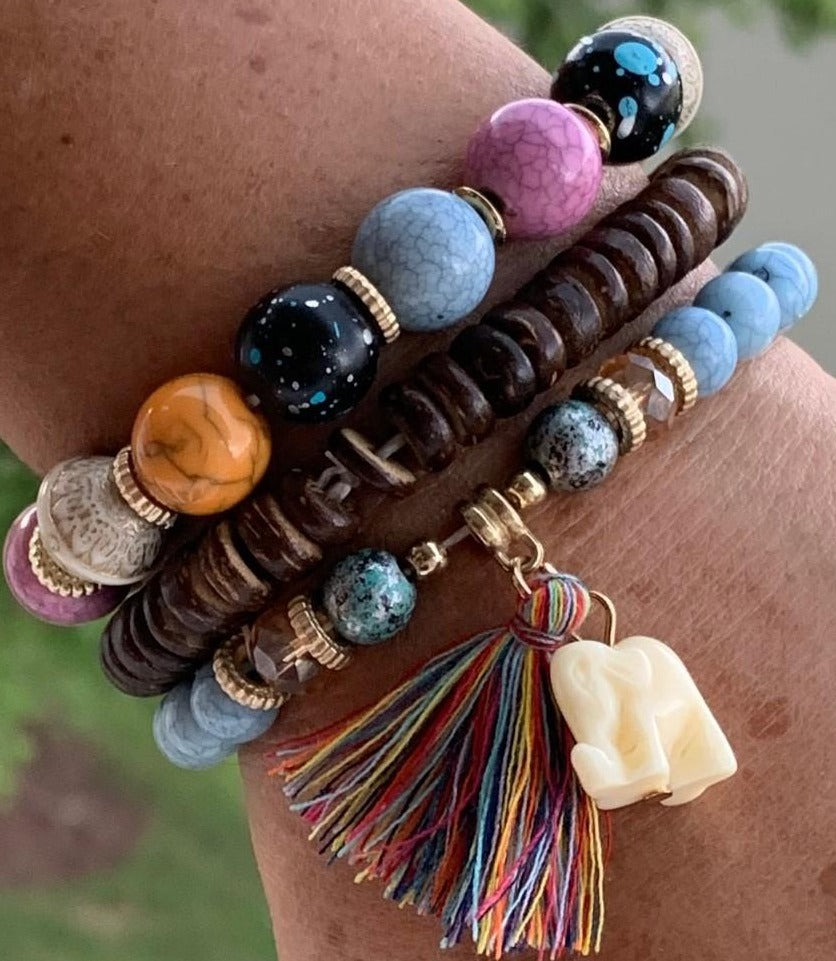 Hippie Colorful Wood and Acrylic Beads with Elephant and Tassel Bracelet Set