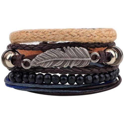 Hippie Feather Charm Leather And Hemp Multilayer Leaf Bracelet Set Brown