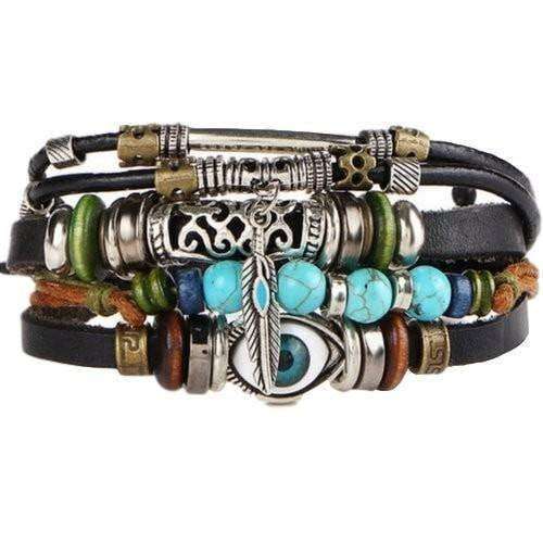 "Float" Feather Charm with Eye and Silver Beads Leather Bracelet Black