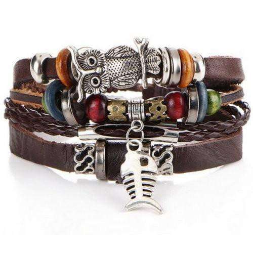 "Freedom" Fish and Owl Charm Beaded Leather Bracelet Brown