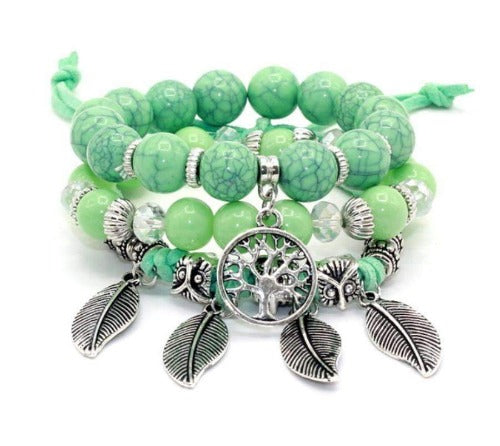 Green Tree of Life Beaded 3 Piece Bracelet Set Green