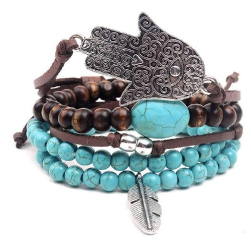 Hamsa Hand and Feather Leather, Bead and Hemp Boho Hippie Bracelet Set Turquoise