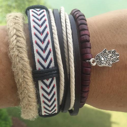 Hemp with Dark Wood Beads , Hamsa Hand Charm Leather Multilayer Bracelet Set Dark Woods