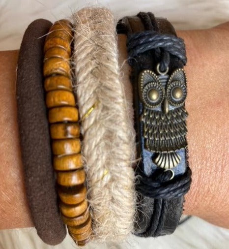 Bronzed Owl Charm With Gold Beads And Black Leather Bracelet Set Black