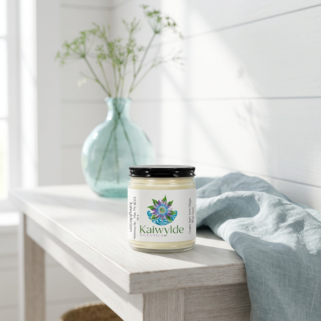 Kaiwylde 4 oz black-lid candle in a coastal home