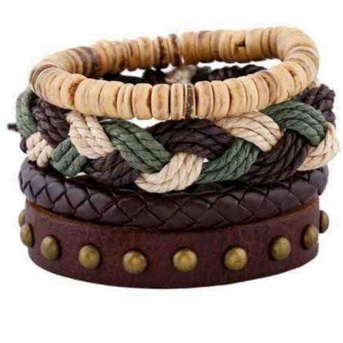 Mother Nature Green Braided Hemp And Studded Leather Multilayer Bracelet Set Brown