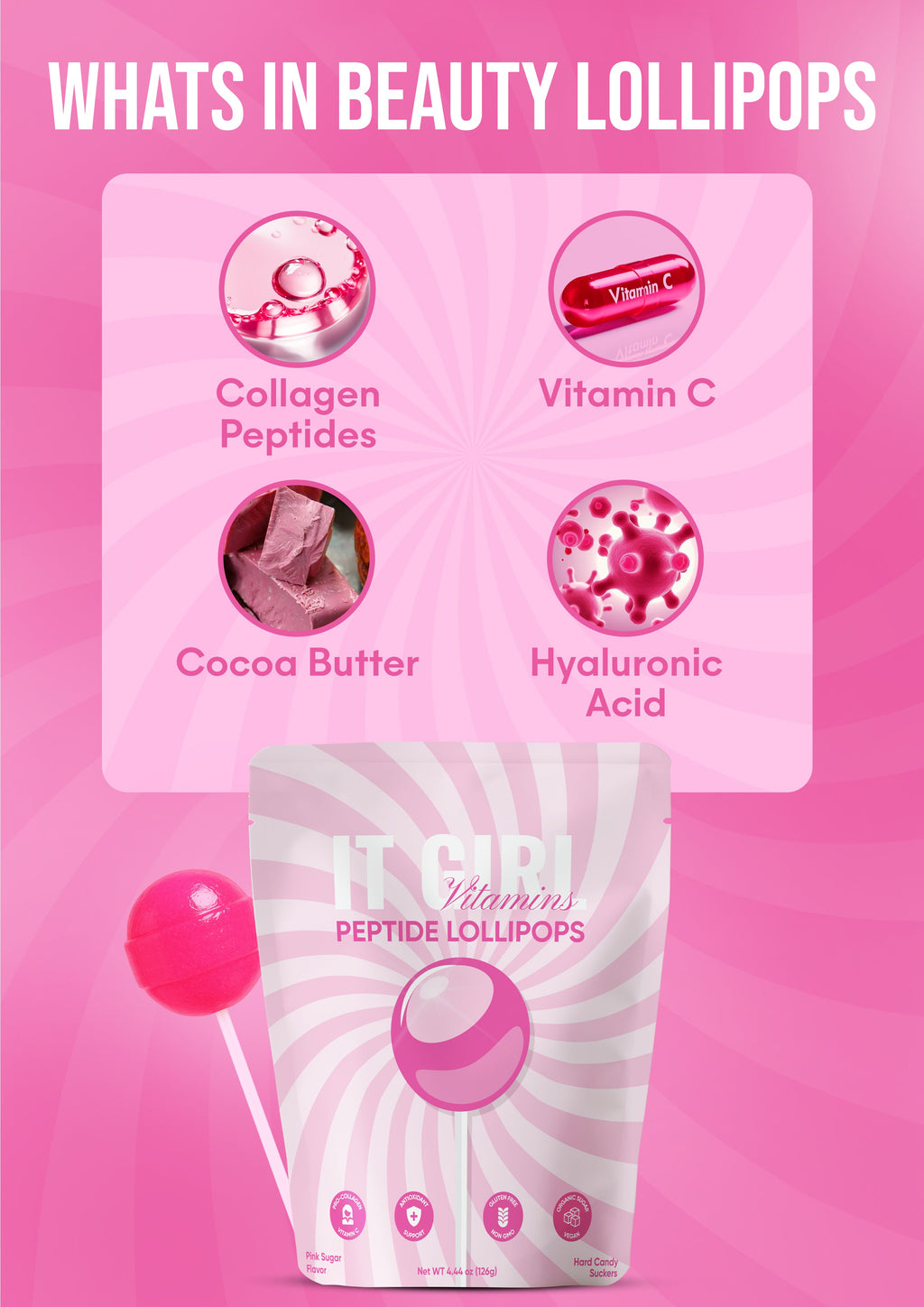 It Girl Beauty Lollipops - Collagen Peptides & Vitamin C Healthy Candy for Skin, Hair, Nails