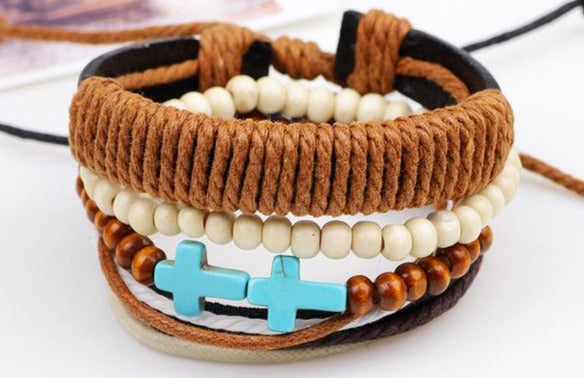 The Teal Cross Natural Bracelet brown with turquoise crosses