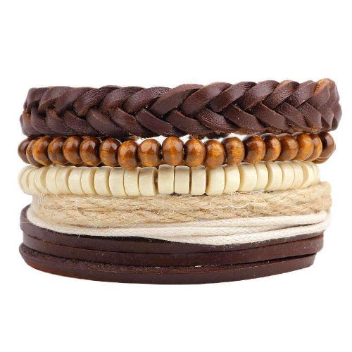 Brown And Cream Hemp, Bead And Braided Leather Multilayer Bracelet Set Varies