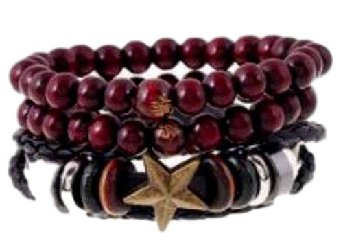 Scarlet Red Wooden Beads with Star and Silver Charm Accent Bracelet Set Red