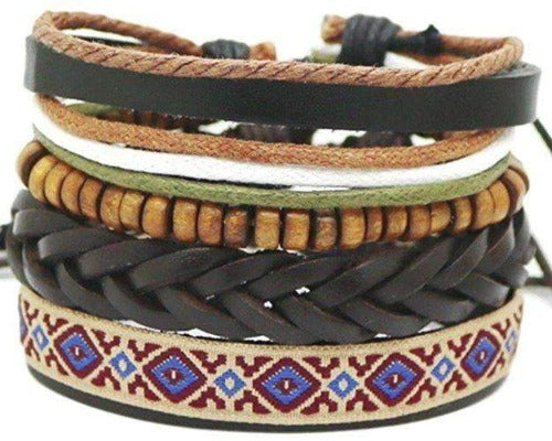 Multicolor and Coconut Bead Leather Surfer Hemp Hippie 4 Piece Bracelet Set Black