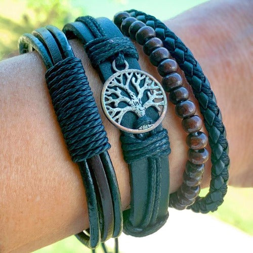 Brown Braided Leather and Tree of Life Charm Multilayer Bracelet Set Brown