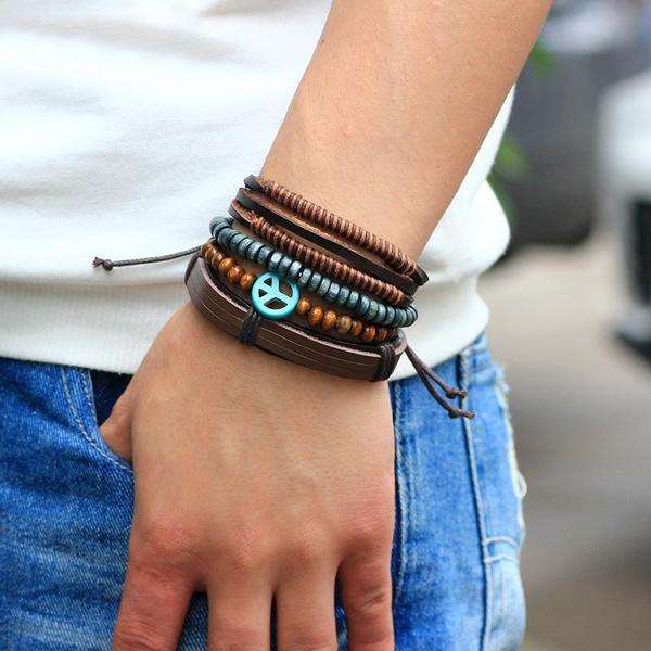Turquoise Peace Charm Beaded Leather Multilayer Bracelet Set