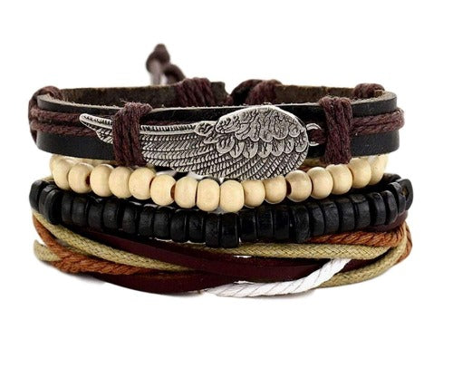 Winged Leather Coconut Braided Multilayer Leather, Bead and Hemp Boho Hippie Bracelet Set Brown